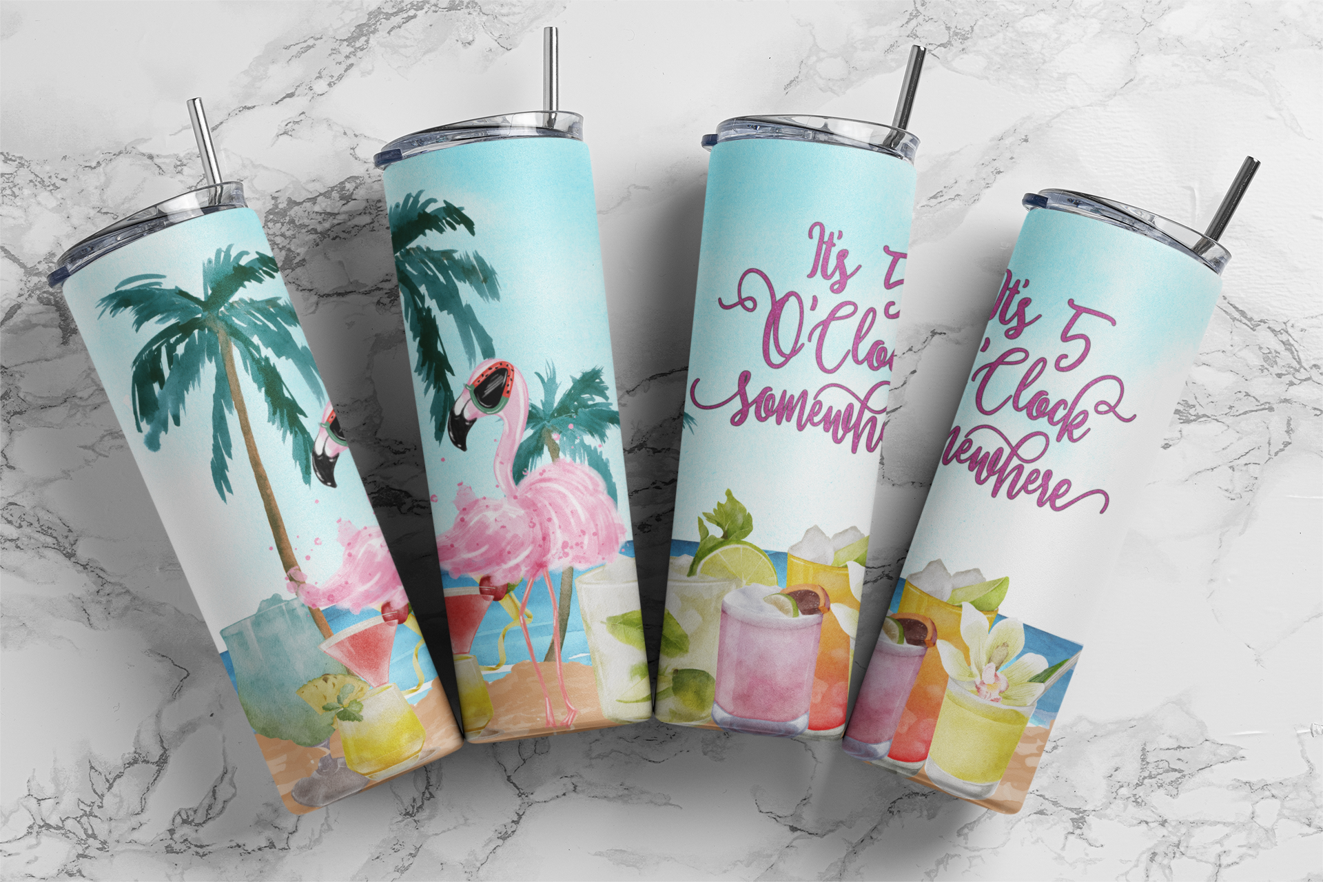 Flamingo 5 O&#39;clock Somewhere Beach - Summer - Sublimation or Waterslide Wrap - 20oz and 30oz