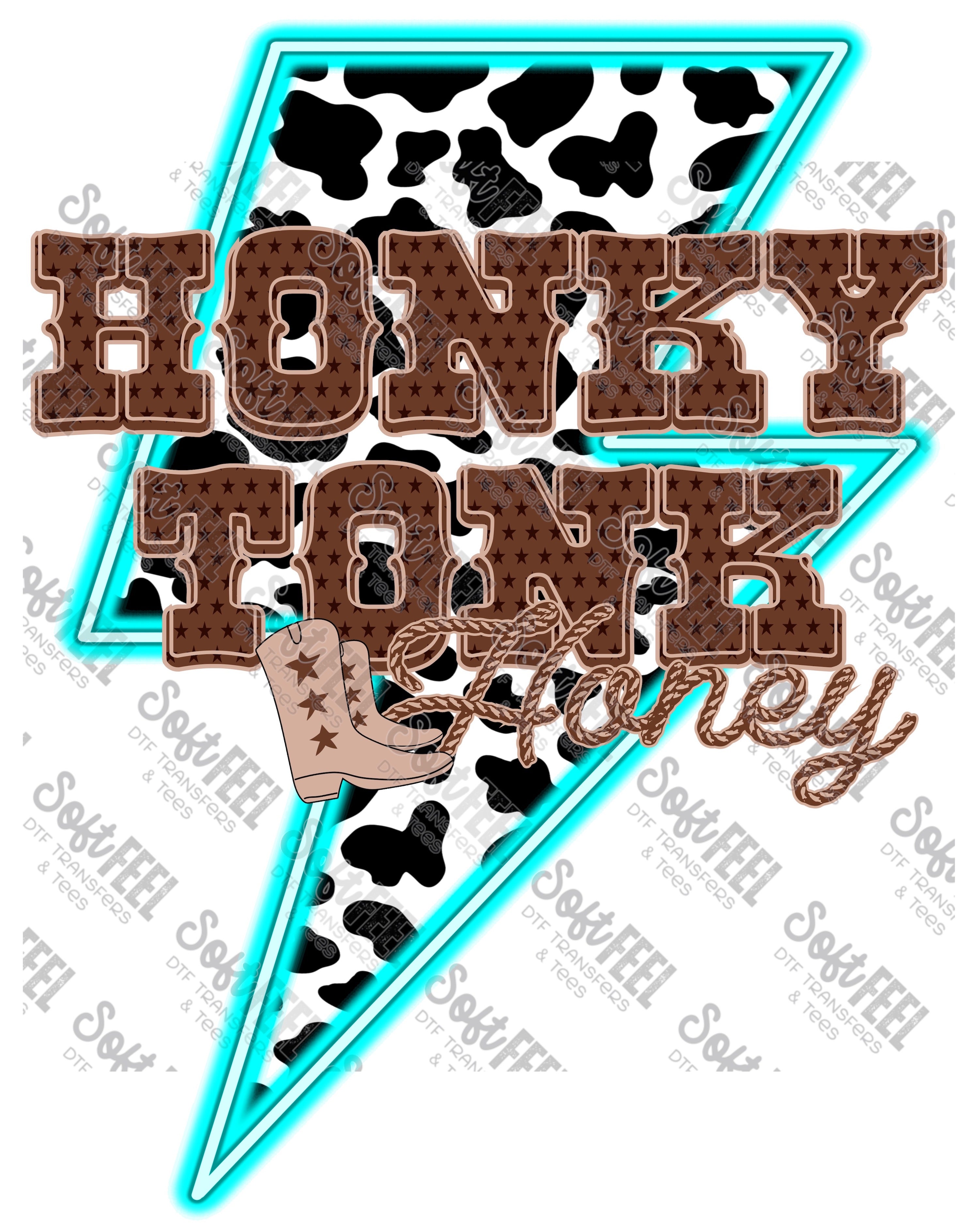 Neon Blue Honky Tonk Honey - Country Western / Women&#39;s - Direct To Film Transfer / DTF - Heat Press Clothing Transfer