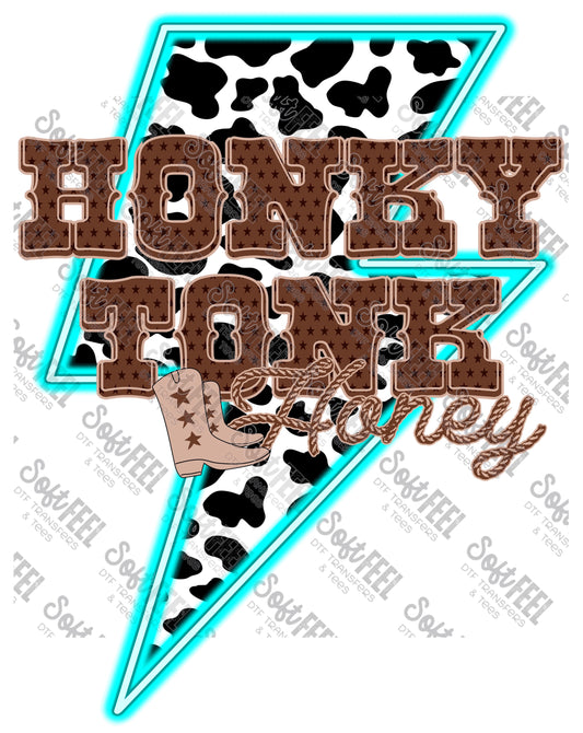 Neon Blue Honky Tonk Honey - Country Western / Women's - Direct To Film Transfer / DTF - Heat Press Clothing Transfer