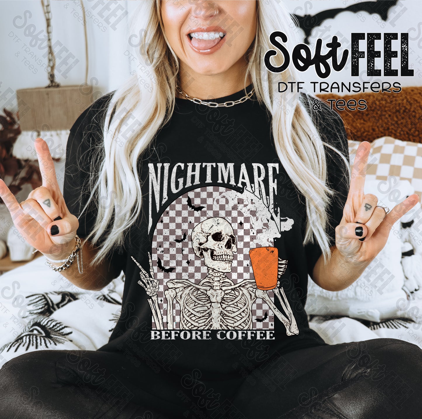 Nightmare Before Coffee Skeleton - Retro / Halloween Horror - Direct To Film Transfer / DTF - Heat Press Clothing Transfer