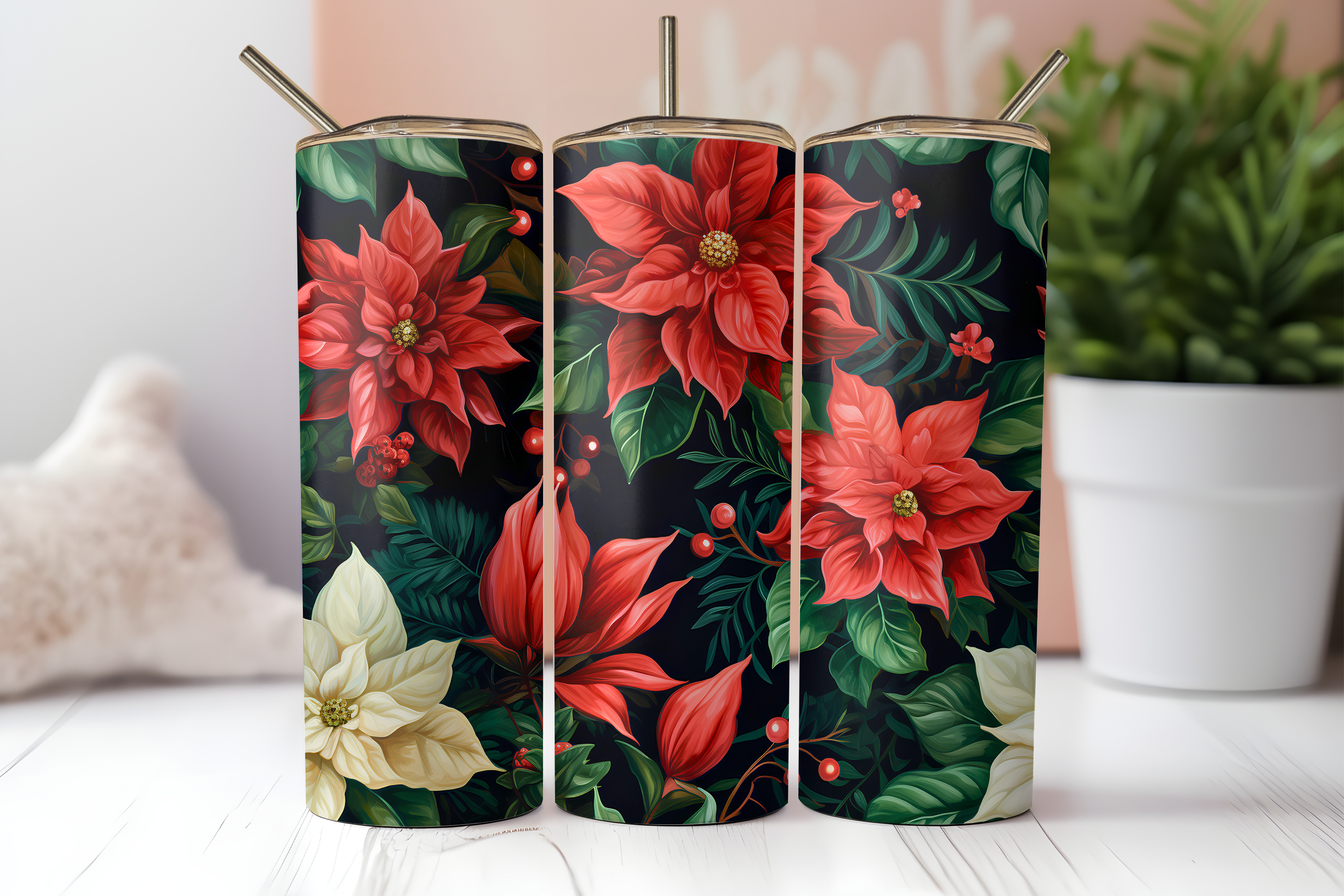 Oil Paint Poinsettias - Sublimation or Waterslide Wrap - 20oz and 30oz