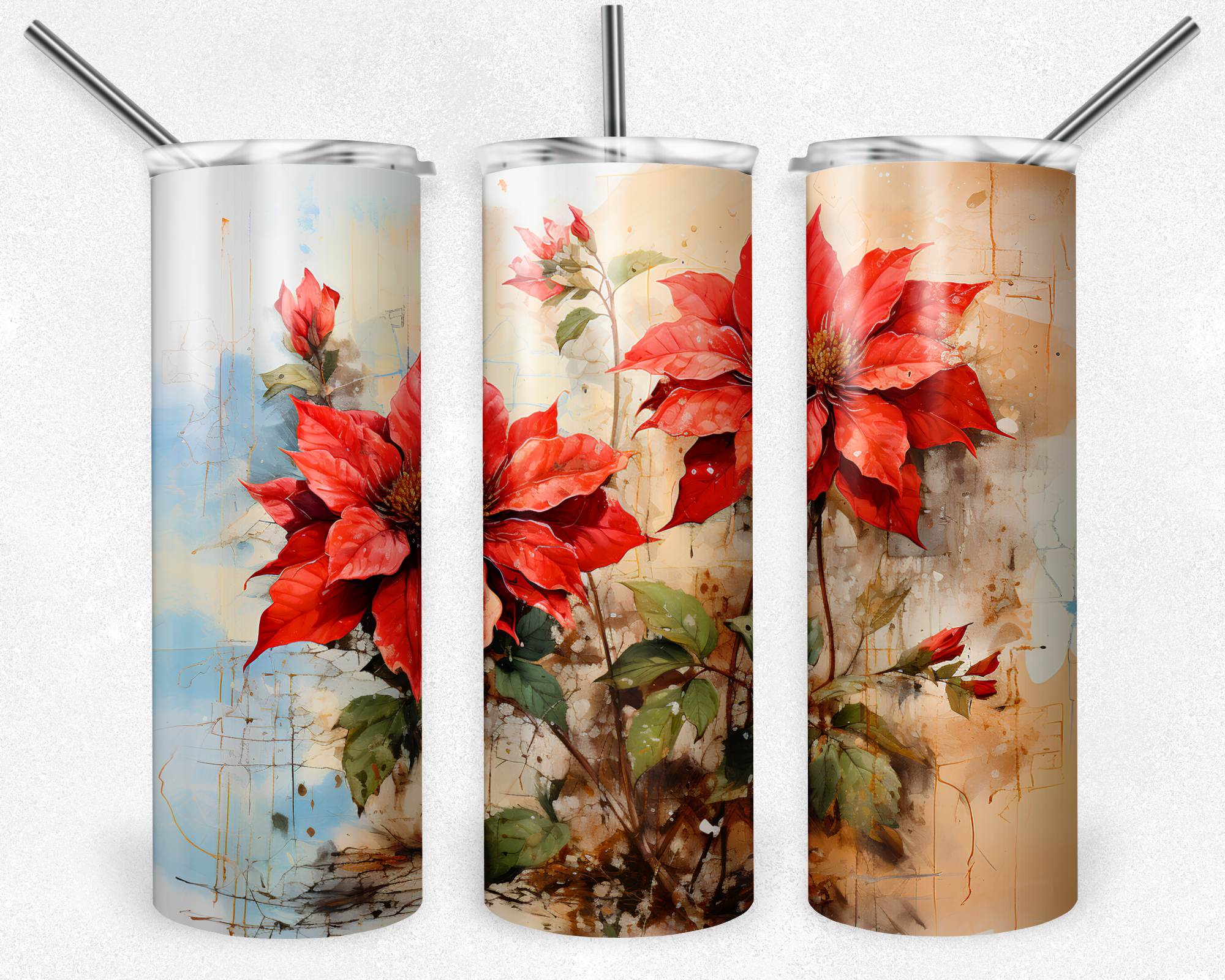 Oil Paint Poinsettias 2 - Sublimation or Waterslide Wrap - 20oz and 30oz