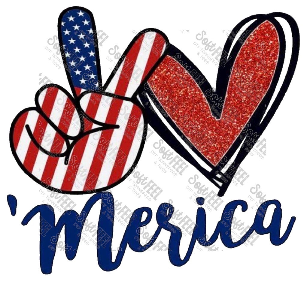 Peace Love Merica - Women&#39;s / Patriotic - Direct To Film Transfer / DTF - Heat Press Clothing Transfer
