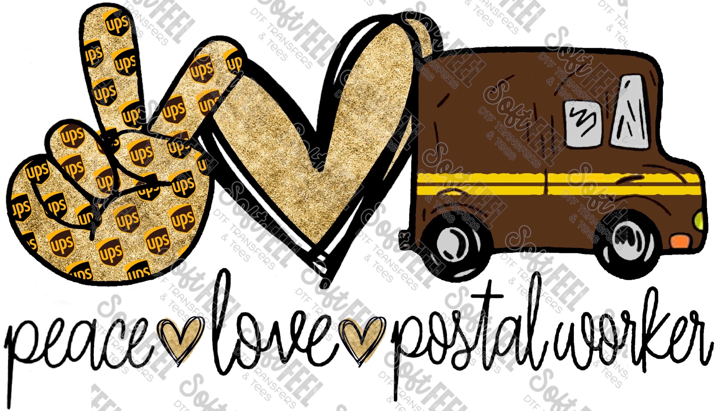 Peace Love Postal Worker UPS - Women&#39;s / Occupations - Direct To Film Transfer / DTF - Heat Press Clothing Transfer