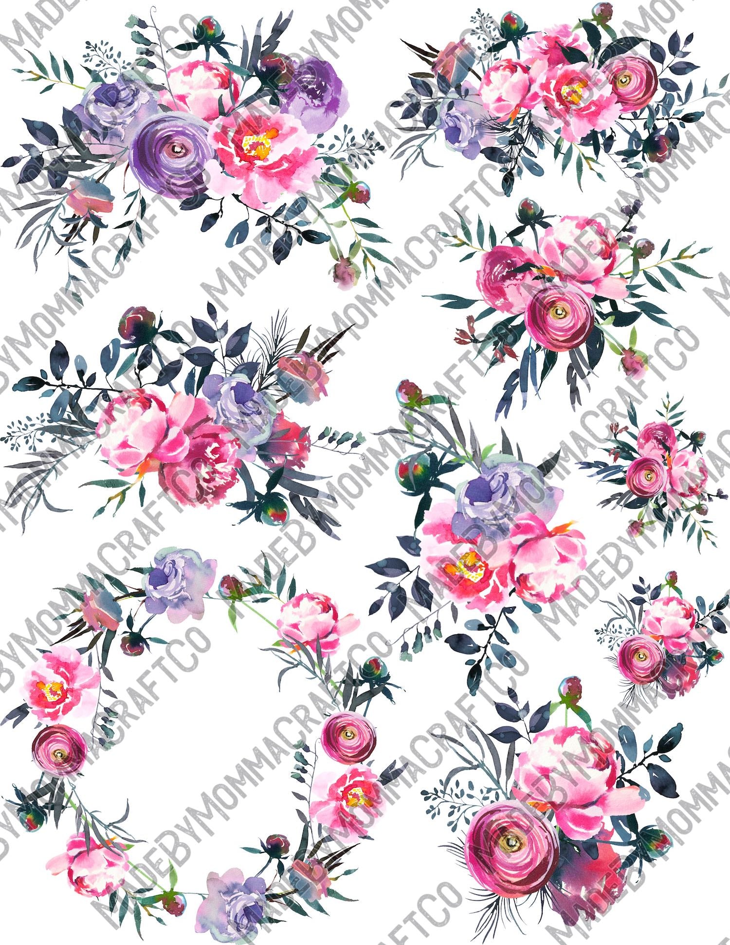 Pink &amp; Purple Floral Arrangements Sheet - Cheat Clear Waterslide ™ or Sticker Themed Sheet  Elements Sheet