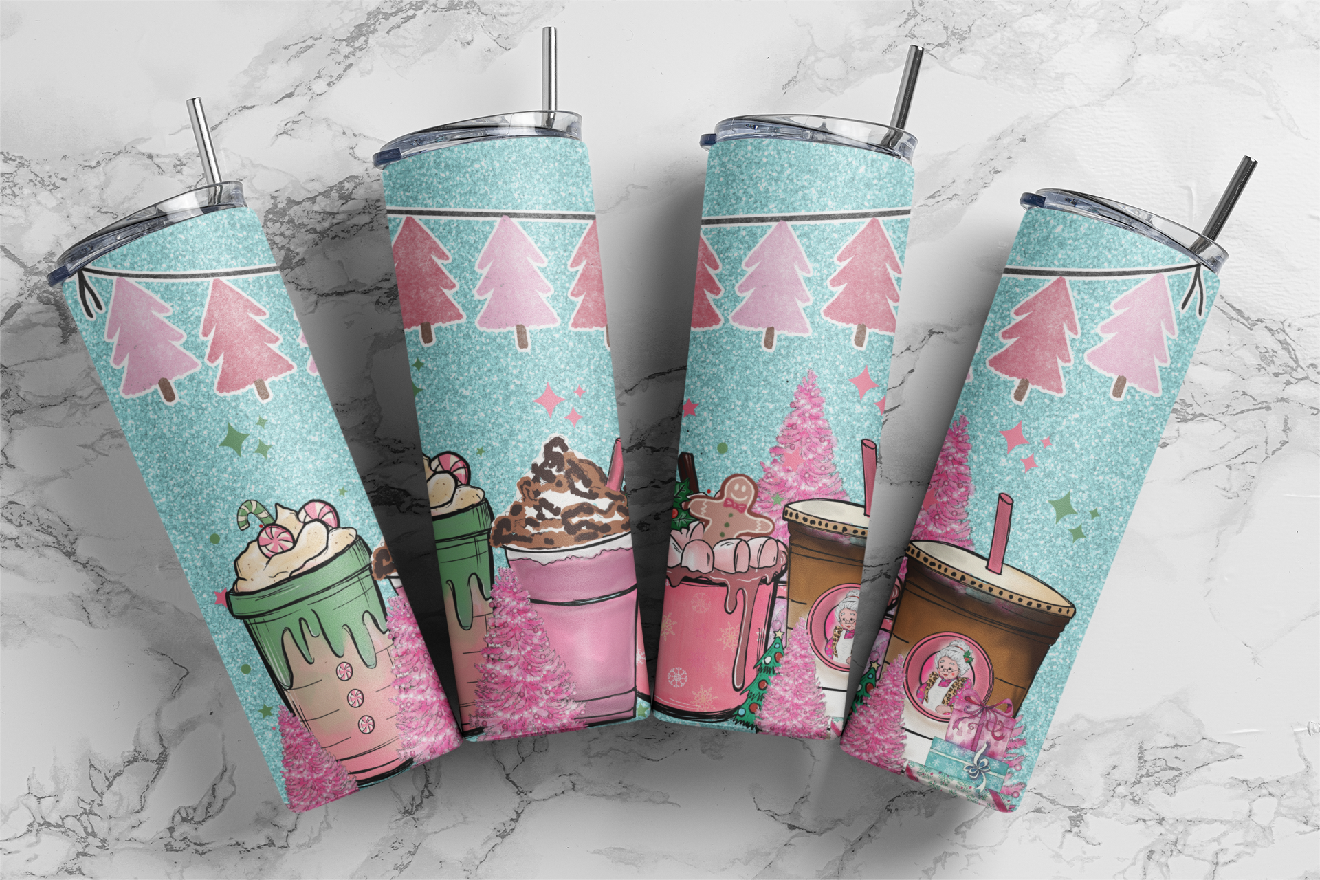 Pink Christmas Drinks Blue - Sublimation or Waterslide Wrap - 20oz and 30oz