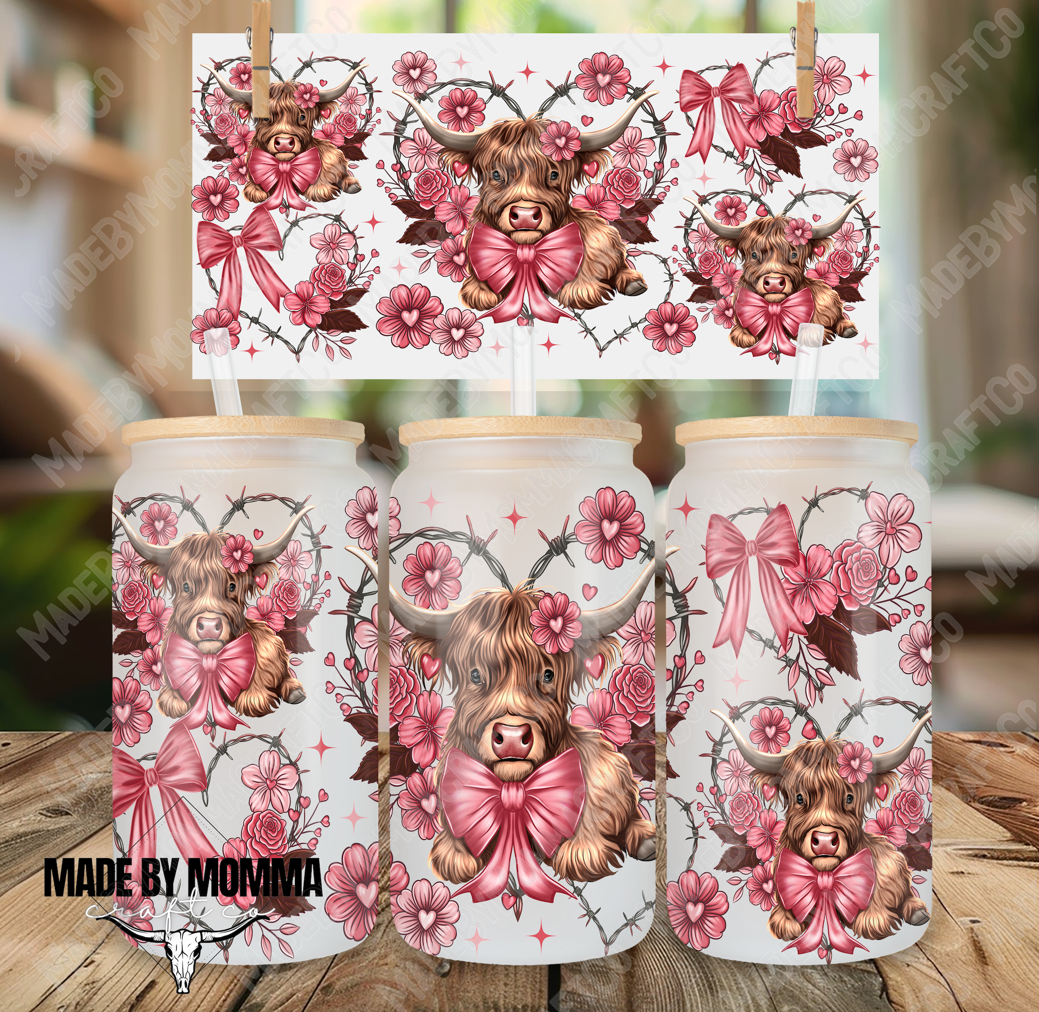Pink Floral Highland Cow 16oz UV DTF or Sublimation Wrap