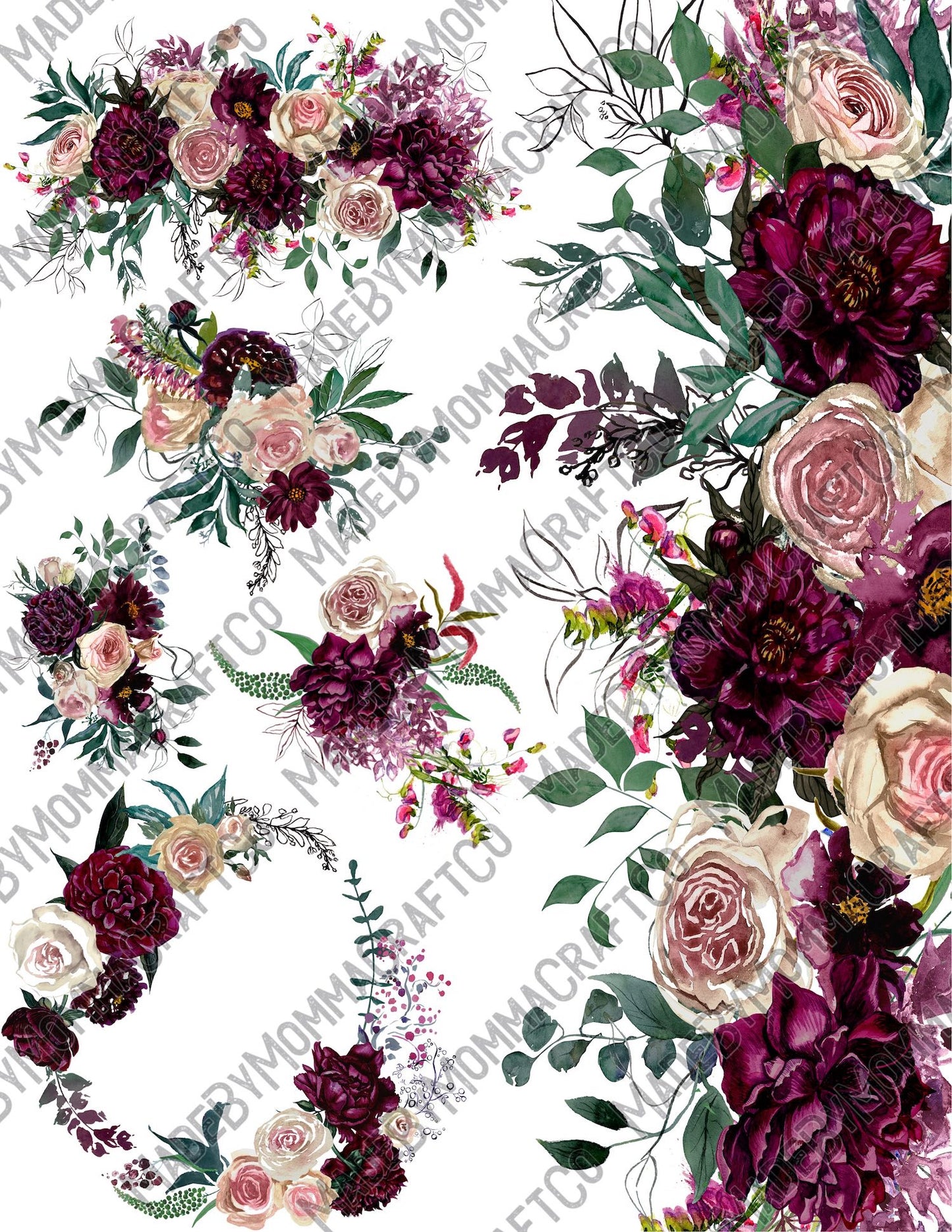 Purple Floral Arrangements Sheet - Cheat Clear Waterslide ™ or Sticker Themed Sheet  Elements Sheet