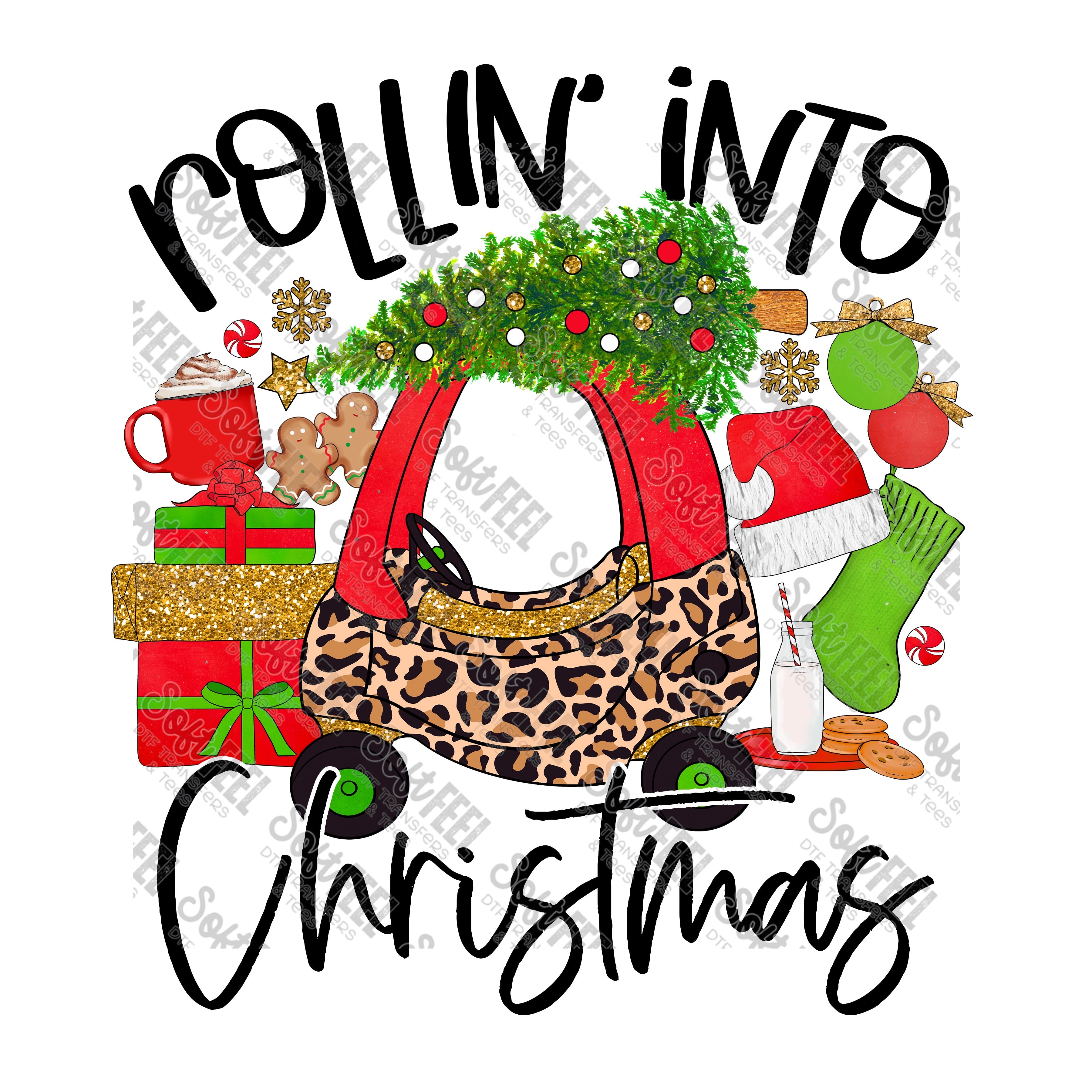 Rollin Into Christmas Kids Car Leopard - Christmas / Retro / Women&#39;s / Youth - Direct To Film Transfer / DTF - Heat Press Clothing Transfer