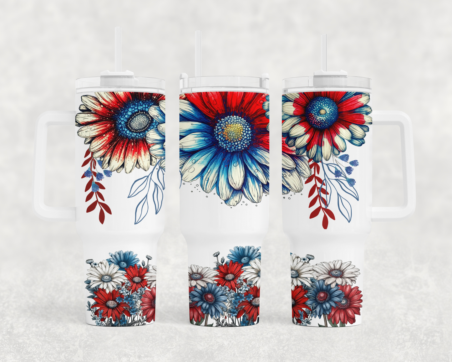 Red White Blue Daisy - 40oz Handle Tumbler - Sublimation or Waterslide Wrap