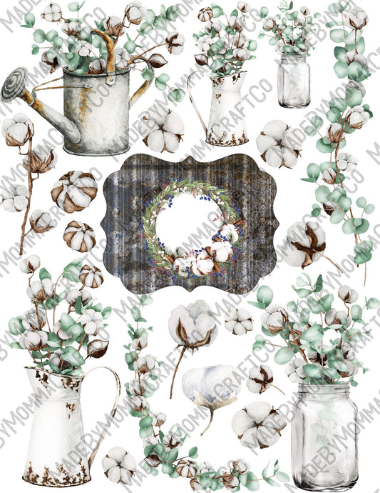 Sage Cotton Jar Floral Sheet - Cheat Clear Waterslide ™ or Sticker Themed Sheet  Elements Sheet