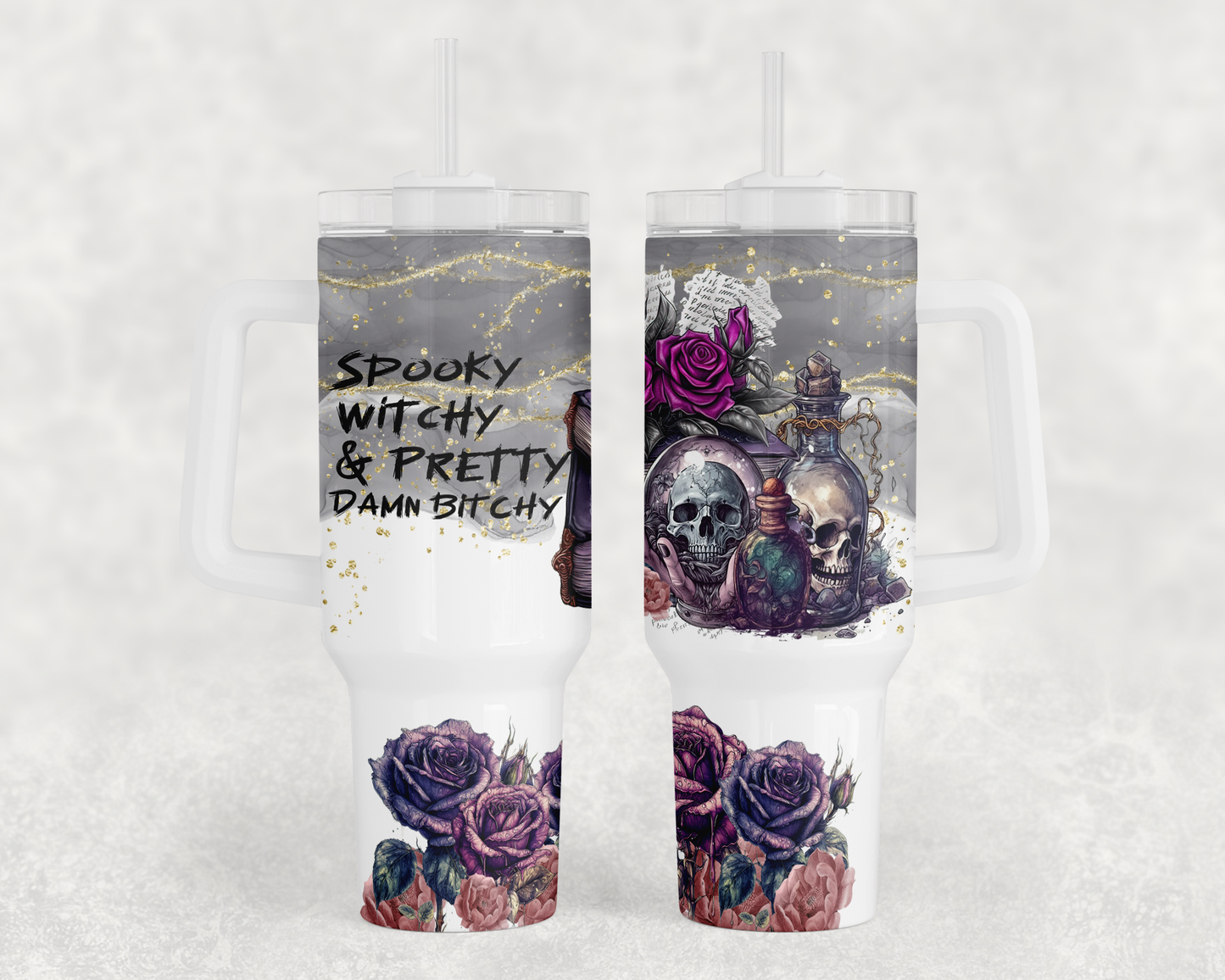 Spooky Celestial Skulls - 40oz Handle Tumbler - Sublimation or Waterslide Wrap