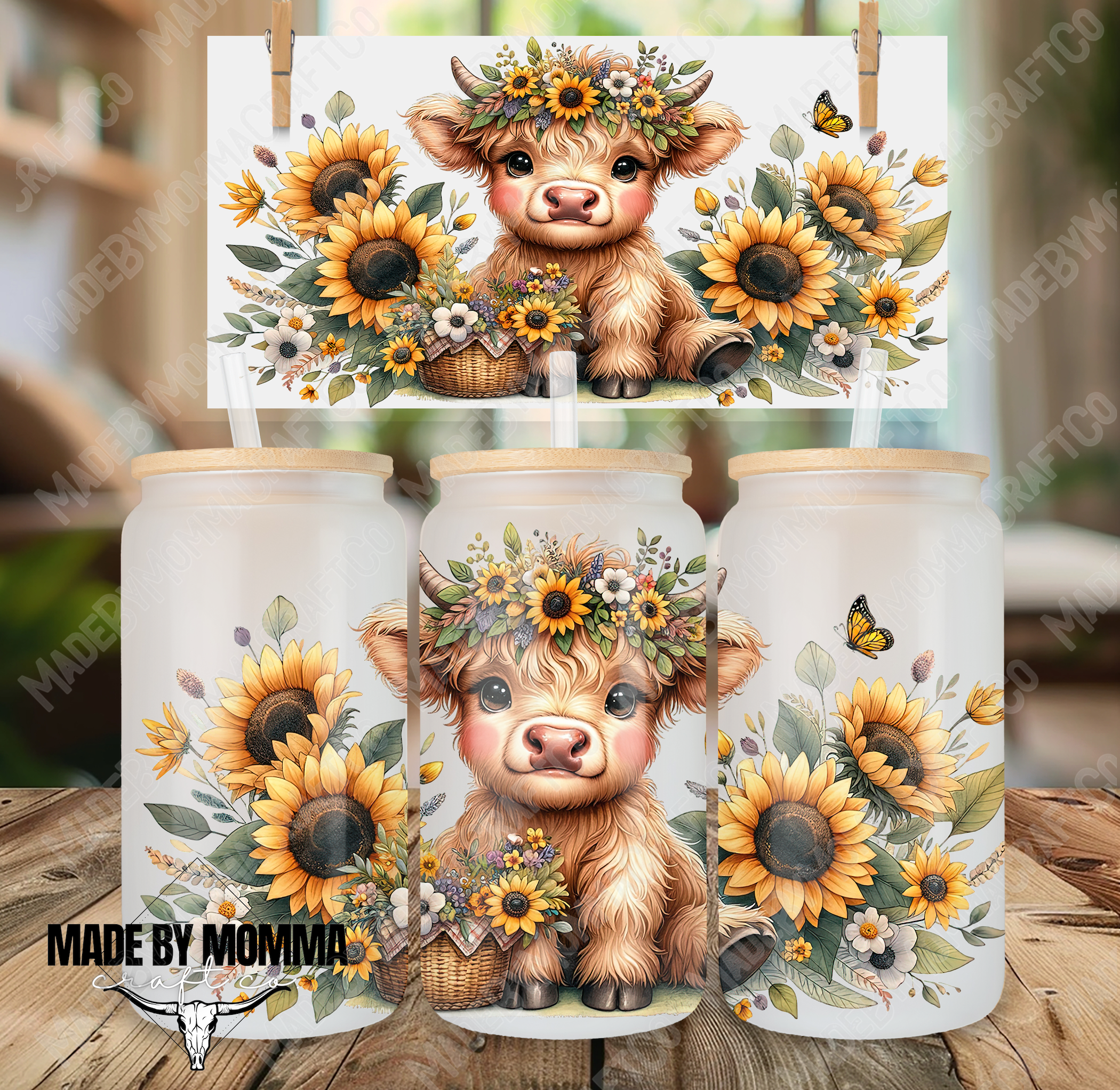 Sunflower Highland Cow 16oz UV DTF or Sublimation Wrap