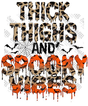 Thick Thighs and Spooky Vibes - Snarky Humor / Retro / Halloween Horror - Direct To Film Transfer / DTF - Heat Press Clothing Transfer