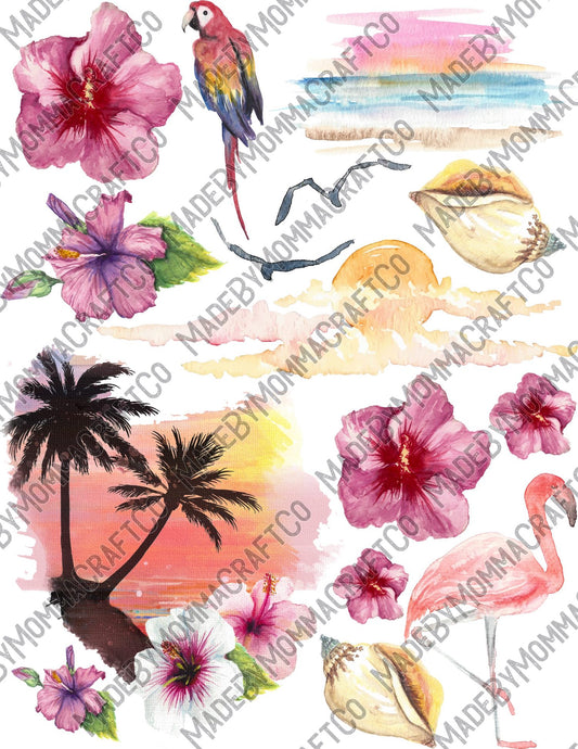 Tropical flamingo parrot sheet - Cheat Clear Waterslide ™ or Sticker Themed Sheet  Elements Sheet