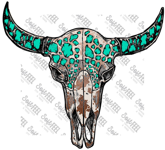 Turquoise Cow Prints Skull - Country Western - Direct To Film Transfer / DTF - Heat Press Clothing Transfer