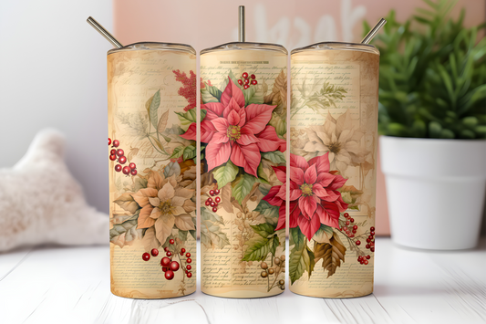 Vintage Poinsettias - Sublimation or Waterslide Wrap - 20oz and 30oz