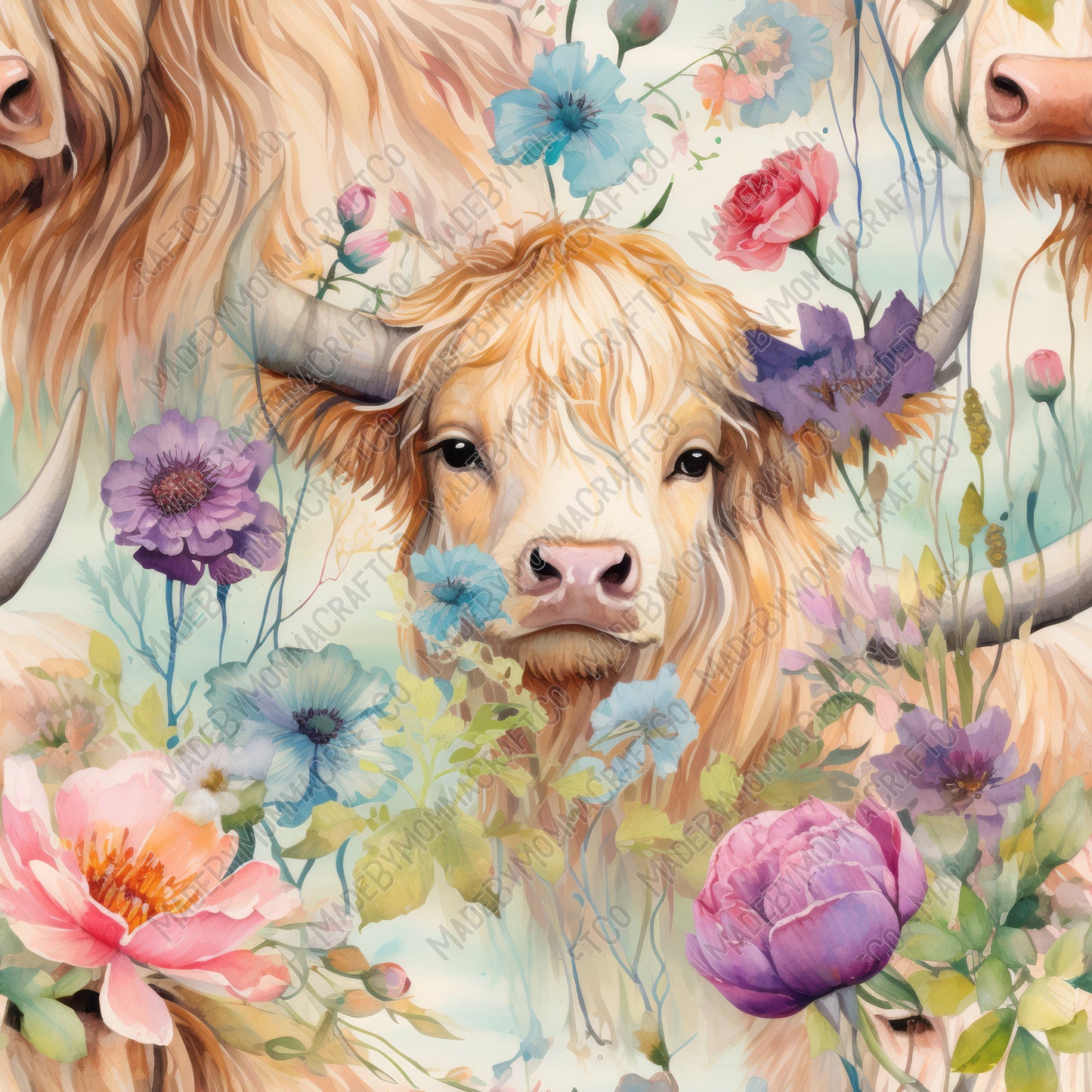 Watercolor Highland Cow 2 Boho Watercolor Cow - Vinyl Or Waterslide Seamless Wrap