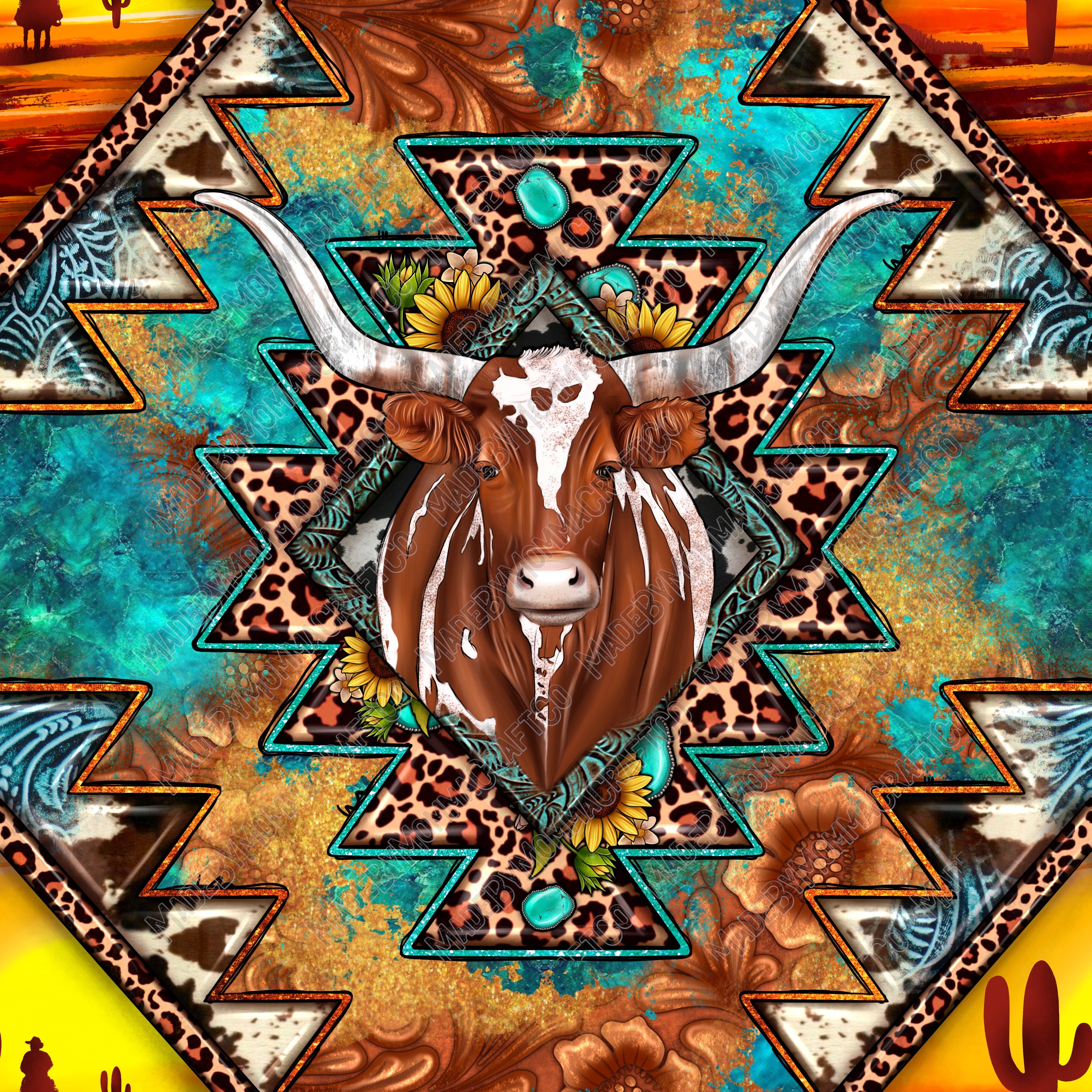 Western Texas Longhorn And Sunset Aztec - Vinyl Or Waterslide Seamless Wrap