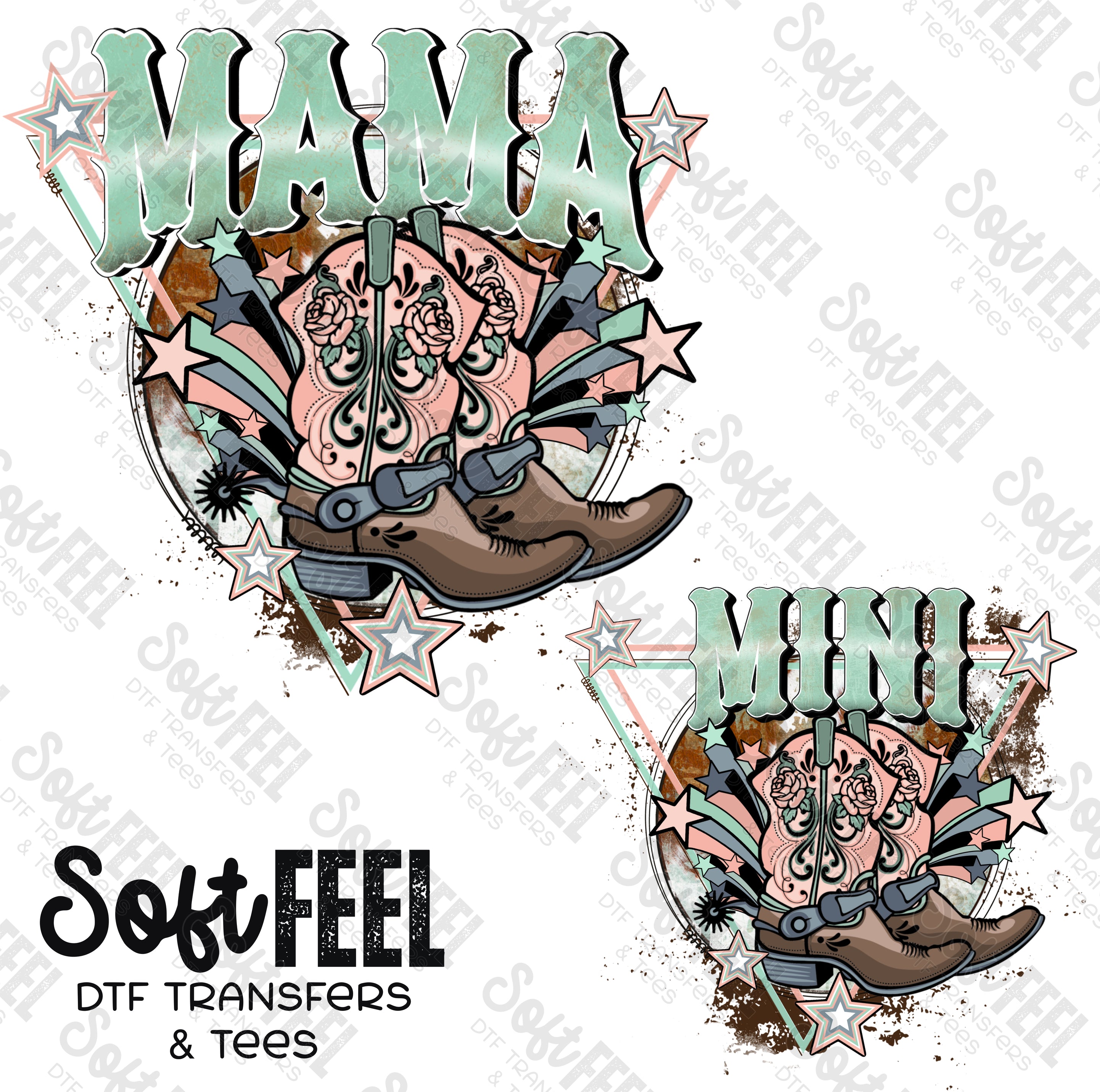 Mama Mini Western Boots - Mama Mini Set / Youth / Women&#39;s - Direct To Film Transfer / DTF - Heat Press Clothing Transfer