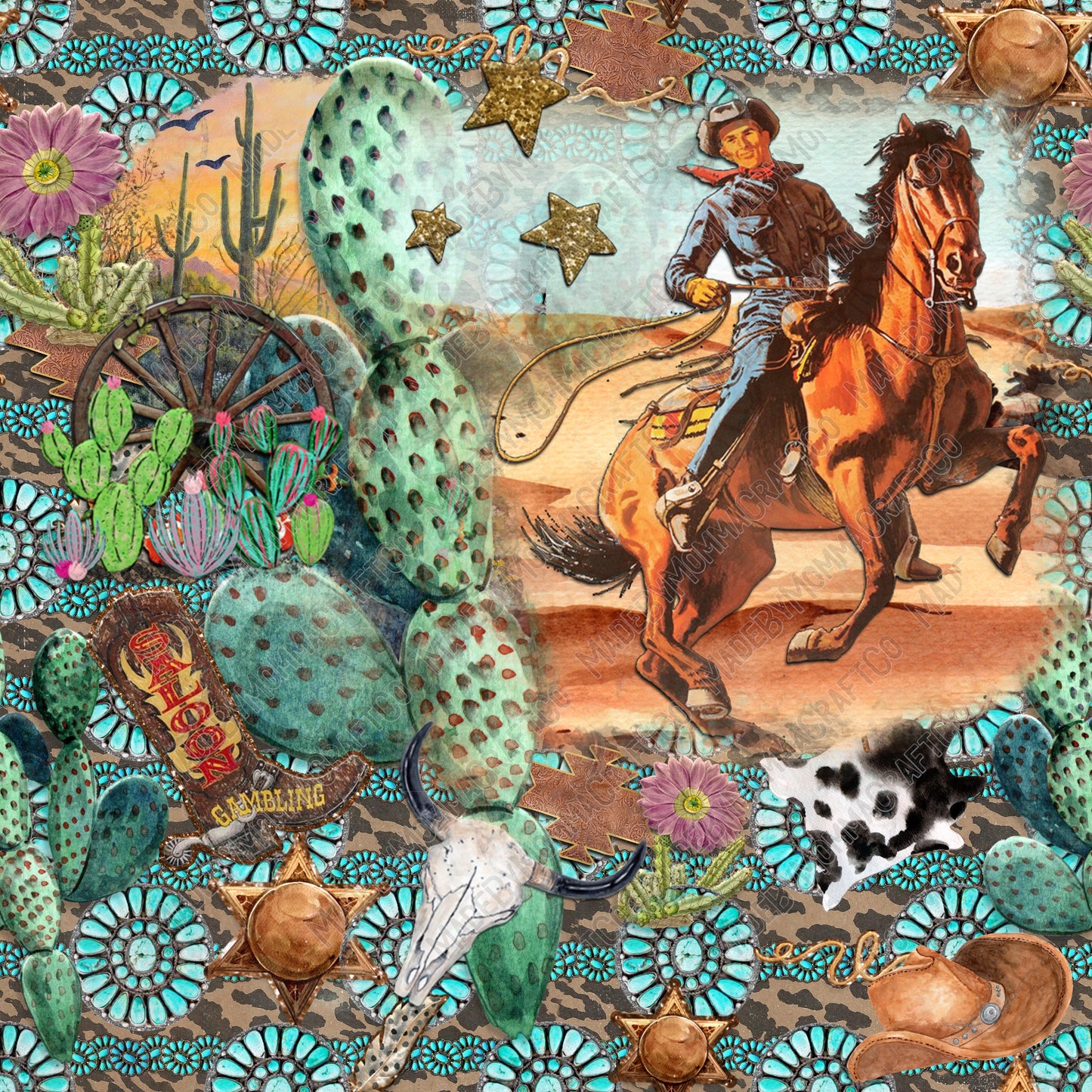 Turquoise Western Cactus Cowboy - Vinyl Or Waterslide Seamless Wrap