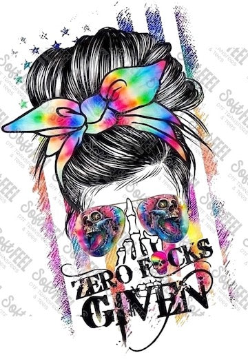Zero F*cks Given Messy Bun - Snarky Humor / Patriotic / Women&#39;s - Direct To Film Transfer / DTF - Heat Press Clothing Transfer