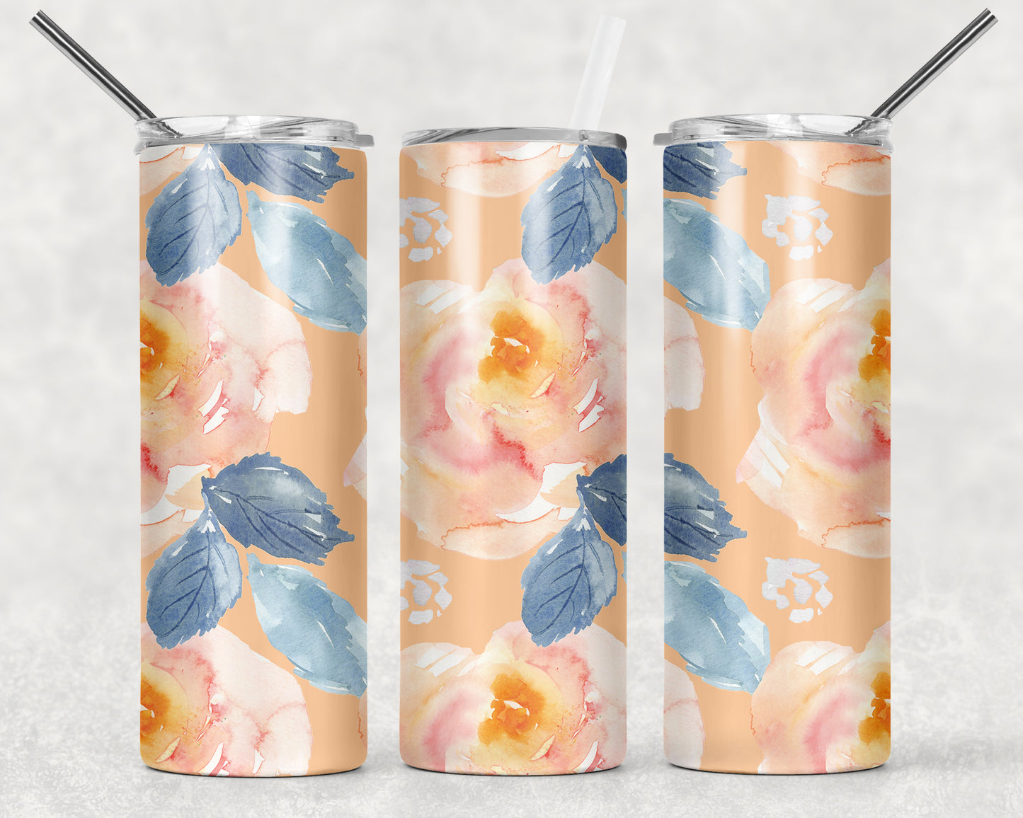 Peach And Blue Floral Sublimation Tumbler Wrap - Or Clear Waterslide Wrap