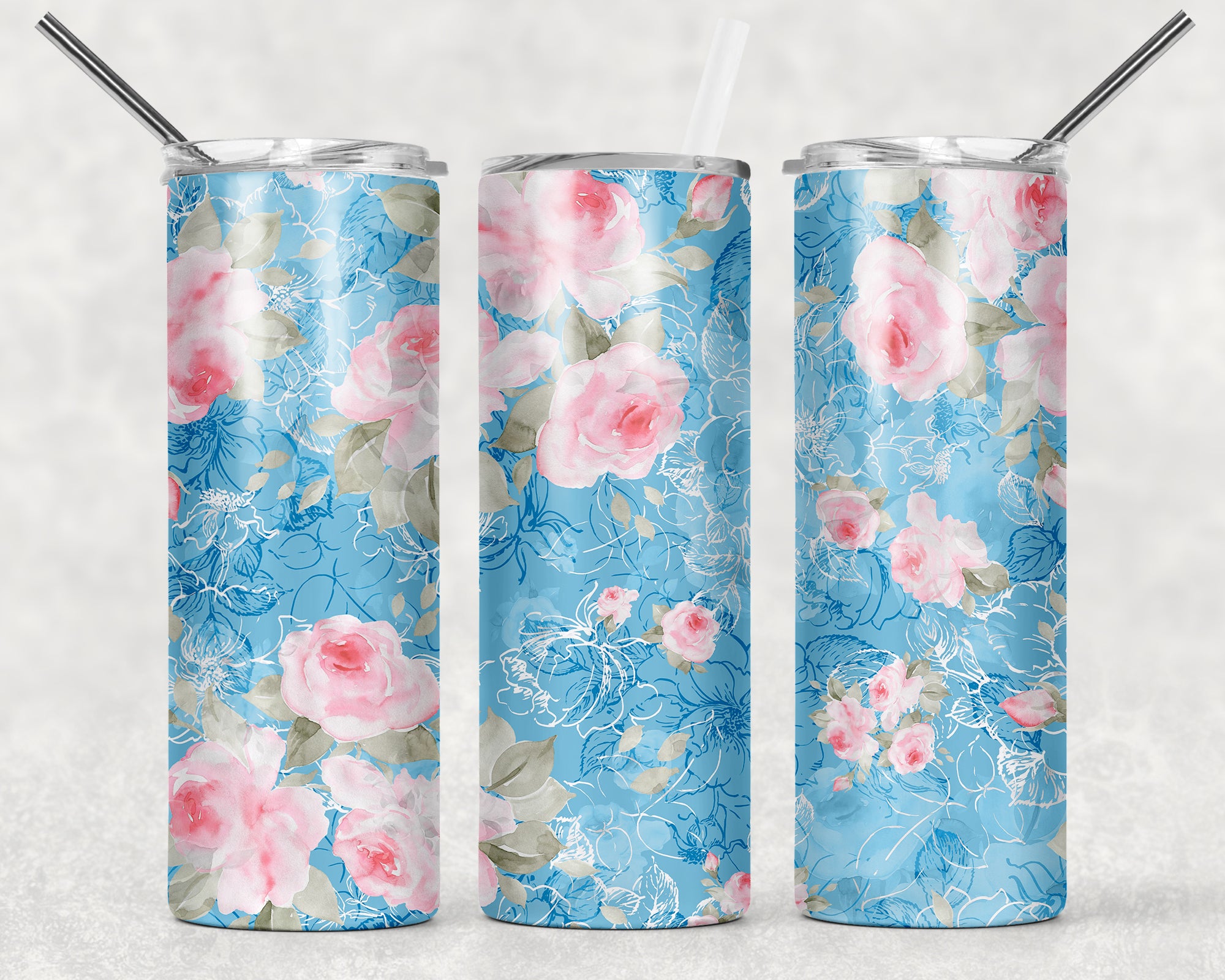 Vintage Blue Floral Sublimation Tumbler Wrap - Or Clear Waterslide Wrap