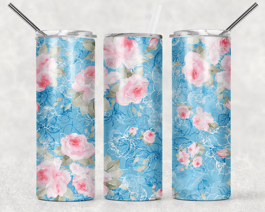 Vintage Blue Floral Sublimation Tumbler Wrap - Or Clear Waterslide Wrap