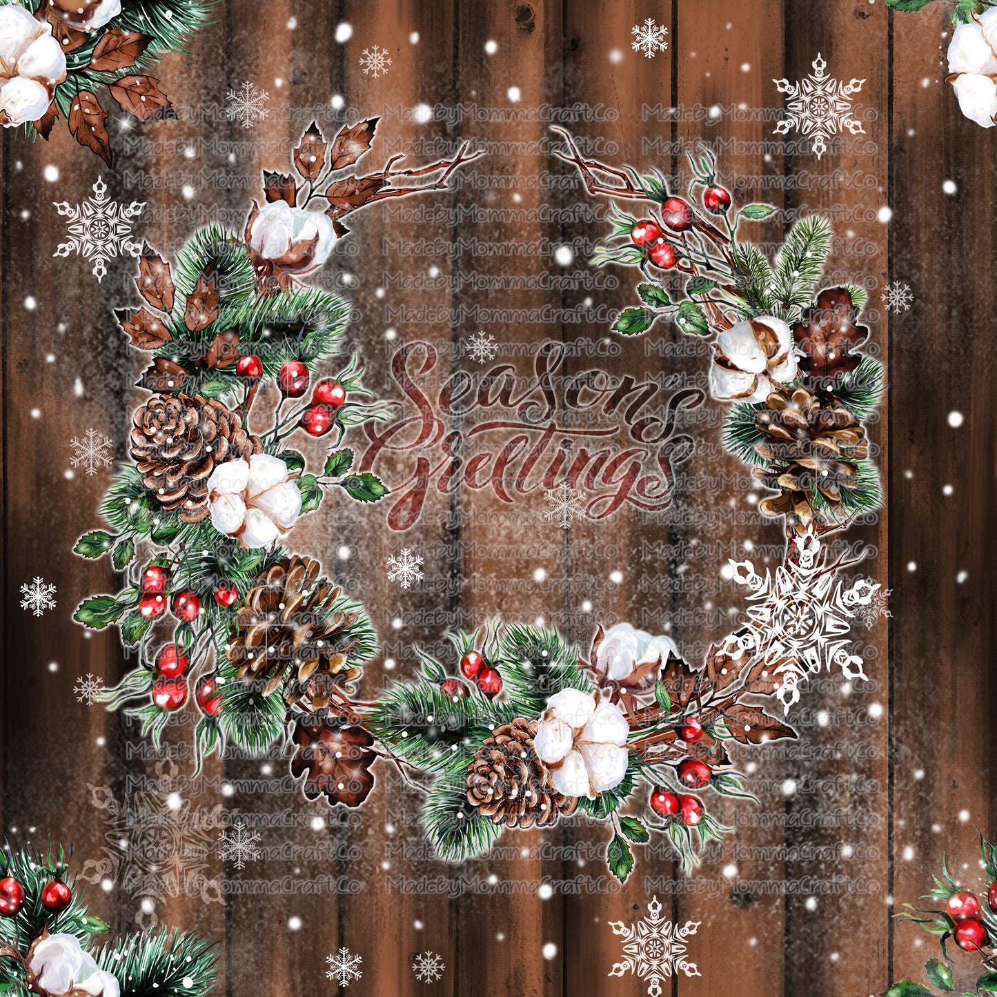 Season Greetings Wood Christmas Tumbler Wrap - Vinyl Or Waterslide Seamless Wrap