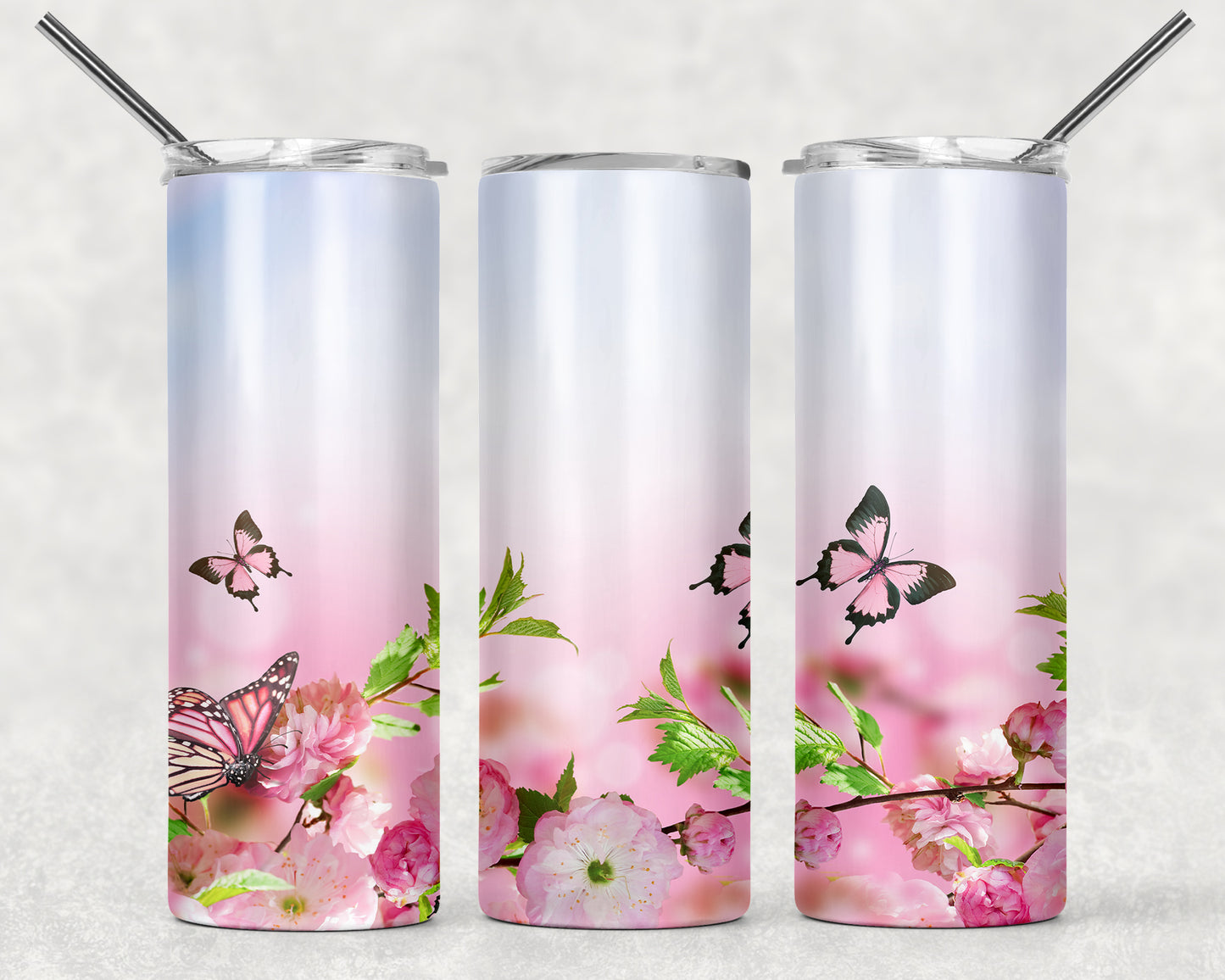 Pink Floral Butterfly Sublimation Tumbler Wrap - Or Clear Waterslide Wrap