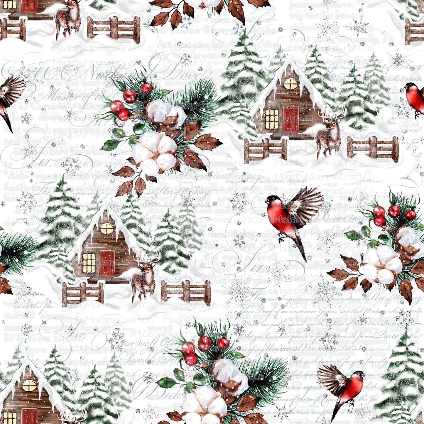 Deer Cardinal Christmas Cabin Tumbler Wrap - Vinyl Or Waterslide Seamless Wrap