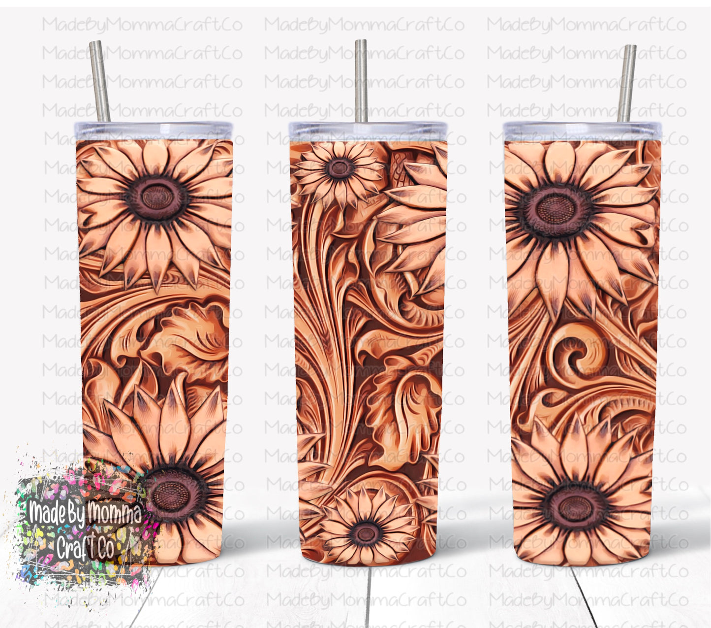 Sunflower Tooled Leather Sublimation Tumbler Wrap - Or Clear Waterslide Wrap