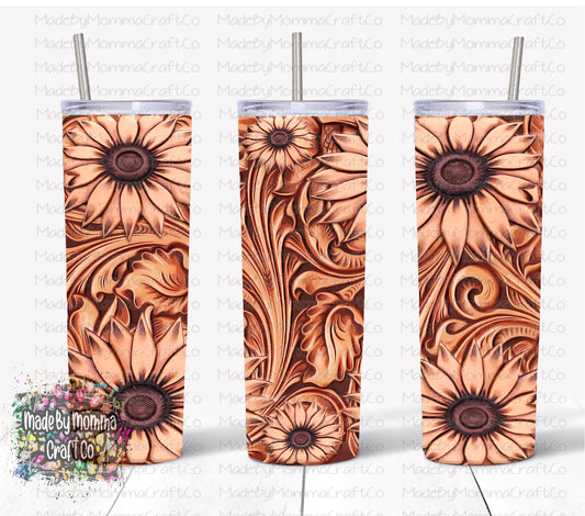 Sunflower Tooled Leather Sublimation Tumbler Wrap - Or Clear Waterslide Wrap