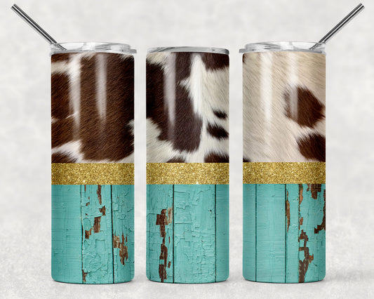 Cowhide And Turquoise Woodgrain Sublimation Tumbler Wrap - Or Clear Waterslide Wrap