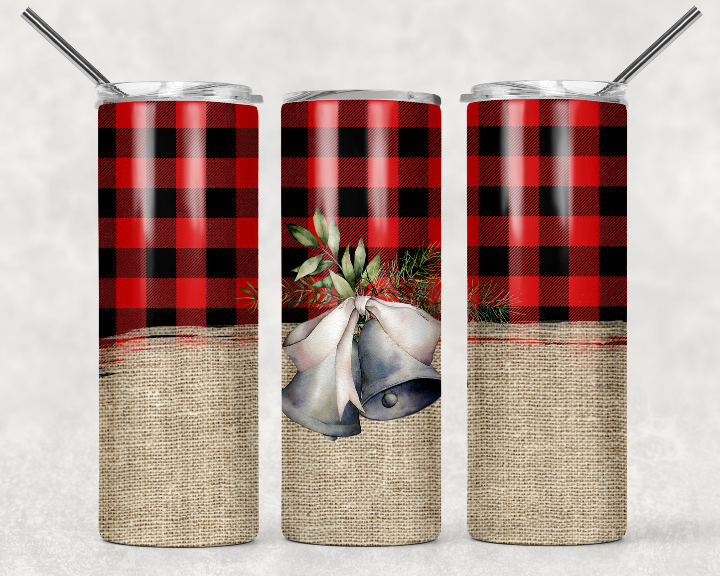 Plaid And Burlap Christmas Bells Sublimation Tumbler Wrap - Or Clear Waterslide Wrap