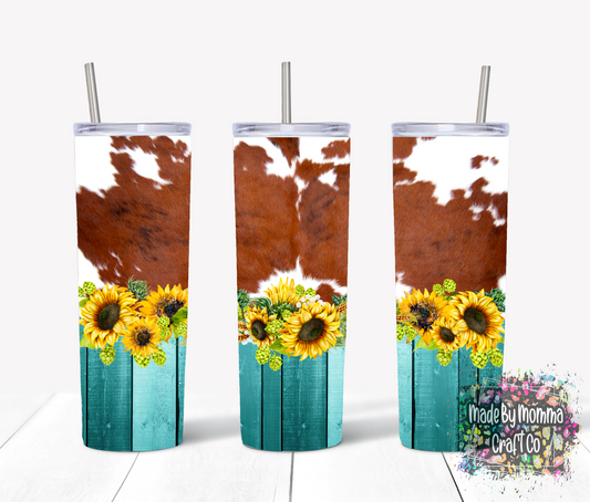 Cowhide Sunflower Turquoise Woodgrain Sublimation Tumbler Wrap - Or Clear Waterslide Wrap or Digital Download