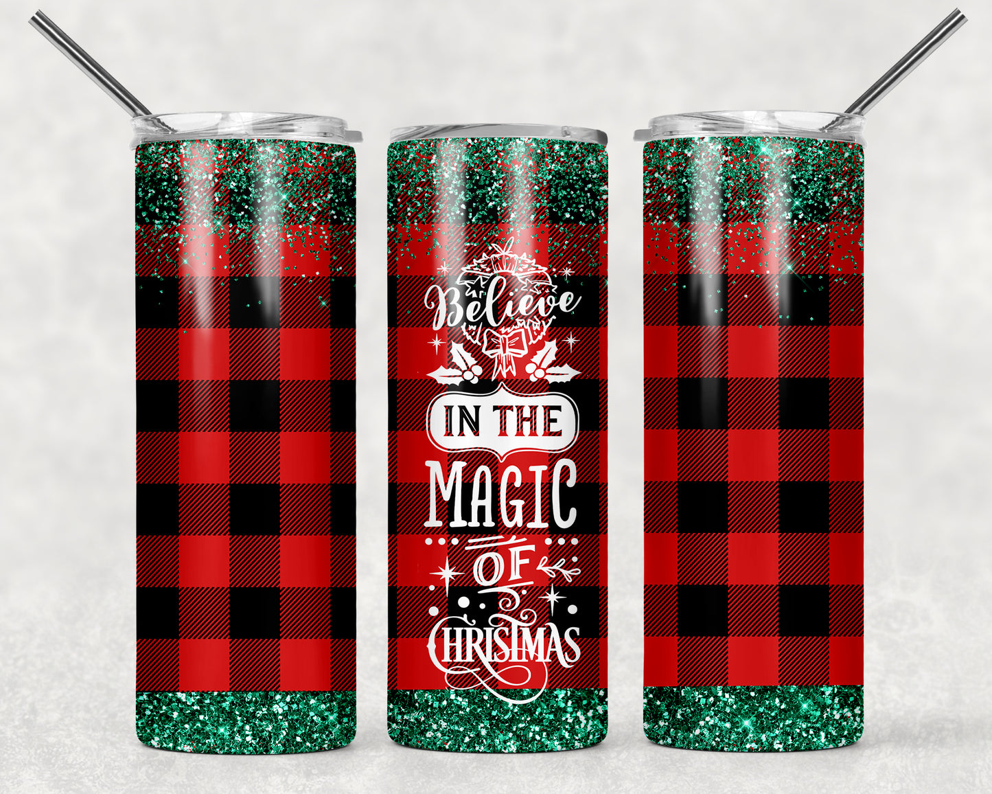 Believe In The Magic Of Christmas Plaid Winter Sublimation Tumbler Wrap - Or Clear Waterslide Wrap