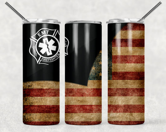 EMT Firefighter American Flag Sublimation Tumbler Wrap - Or Clear Waterslide Wrap