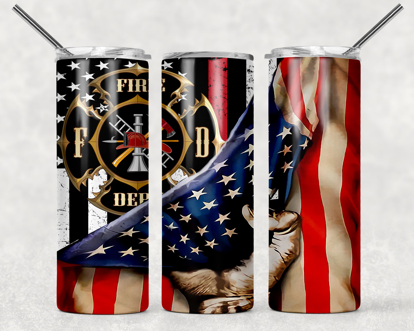 Firefighter American Flag Sublimation Tumbler Wrap - Or Clear Waterslide Wrap