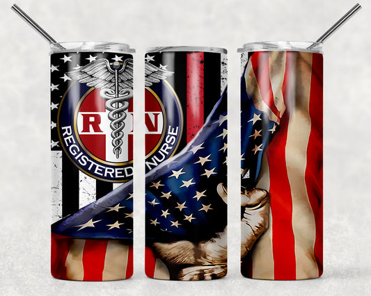 Registered Nurse RN American Flag Sublimation Tumbler Wrap - Or Clear Waterslide Wrap