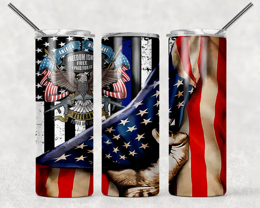 Military Veterans Freedom Isn't Free American Flag Sublimation Tumbler Wrap - Or Clear Waterslide Wrap