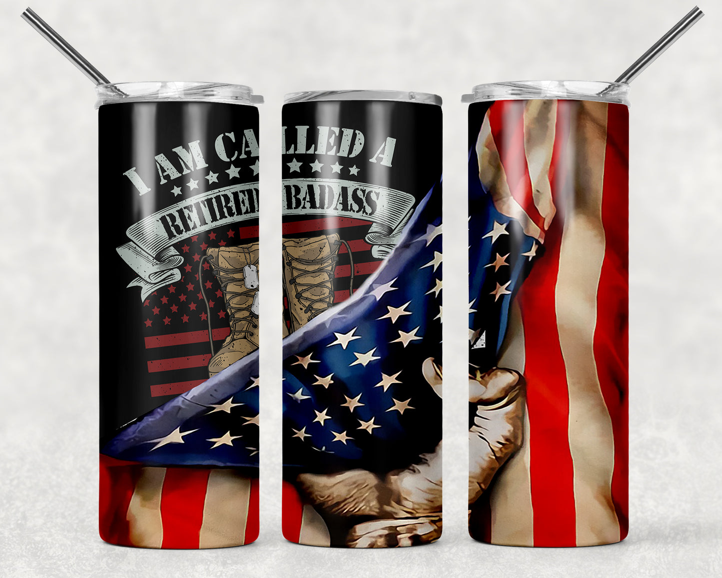 Retired Badass American Flag Sublimation Tumbler Wrap - Or Clear Waterslide Wrap