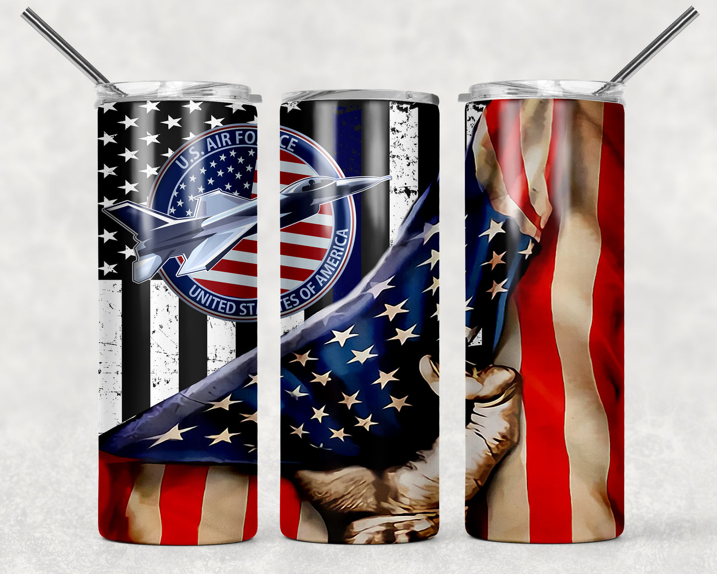 US Air Force Jet American Flag Sublimation Tumbler Wrap - Or Clear Waterslide Wrap