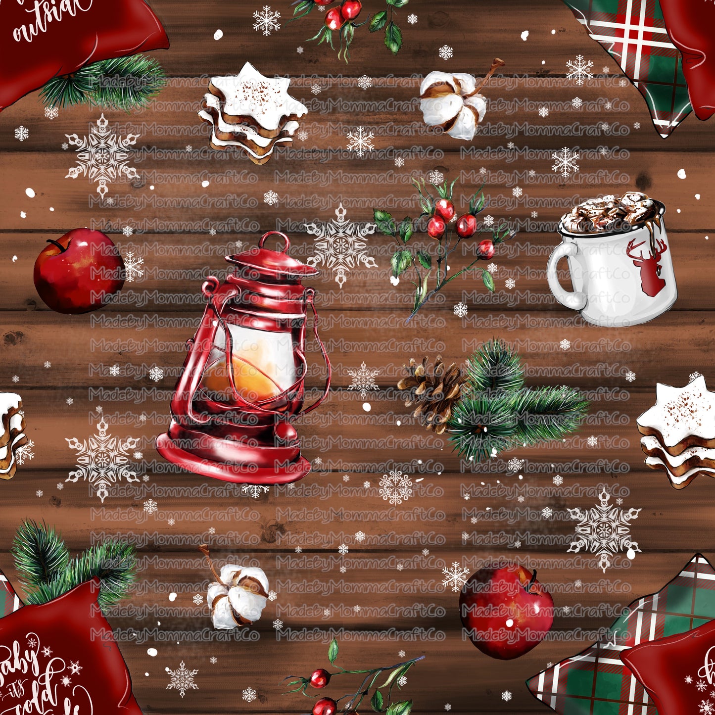 Wood Lantern and Mug Christmas Tumbler Wrap - Vinyl Or Waterslide Seamless Wrap