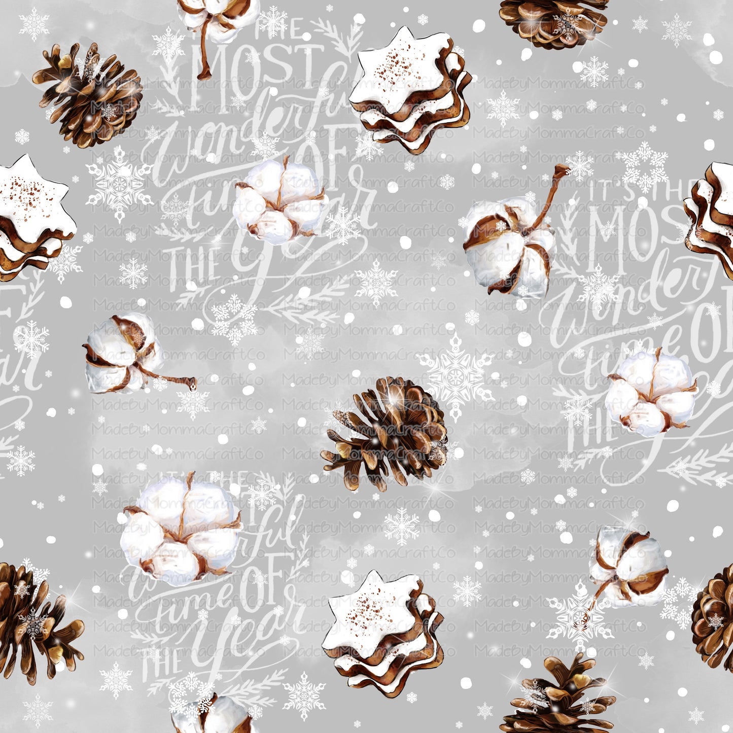 Cotton and Pine Cones Christmas Tumbler Wrap - Vinyl Or Waterslide Seamless Wrap