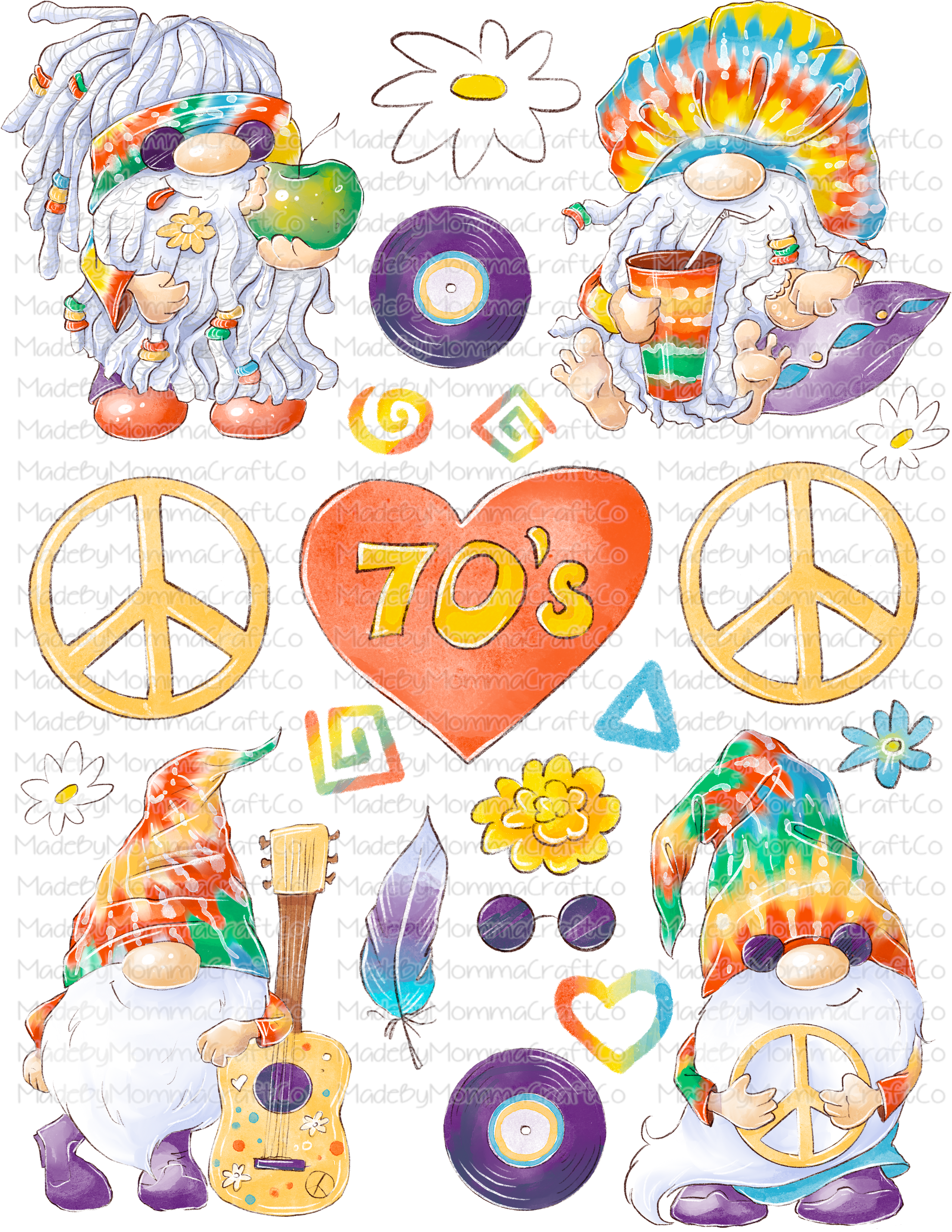70s Hippie Gnomes Cheat Clear Waterslide ™ or Sticker Themed Sheet  Elements Sheet