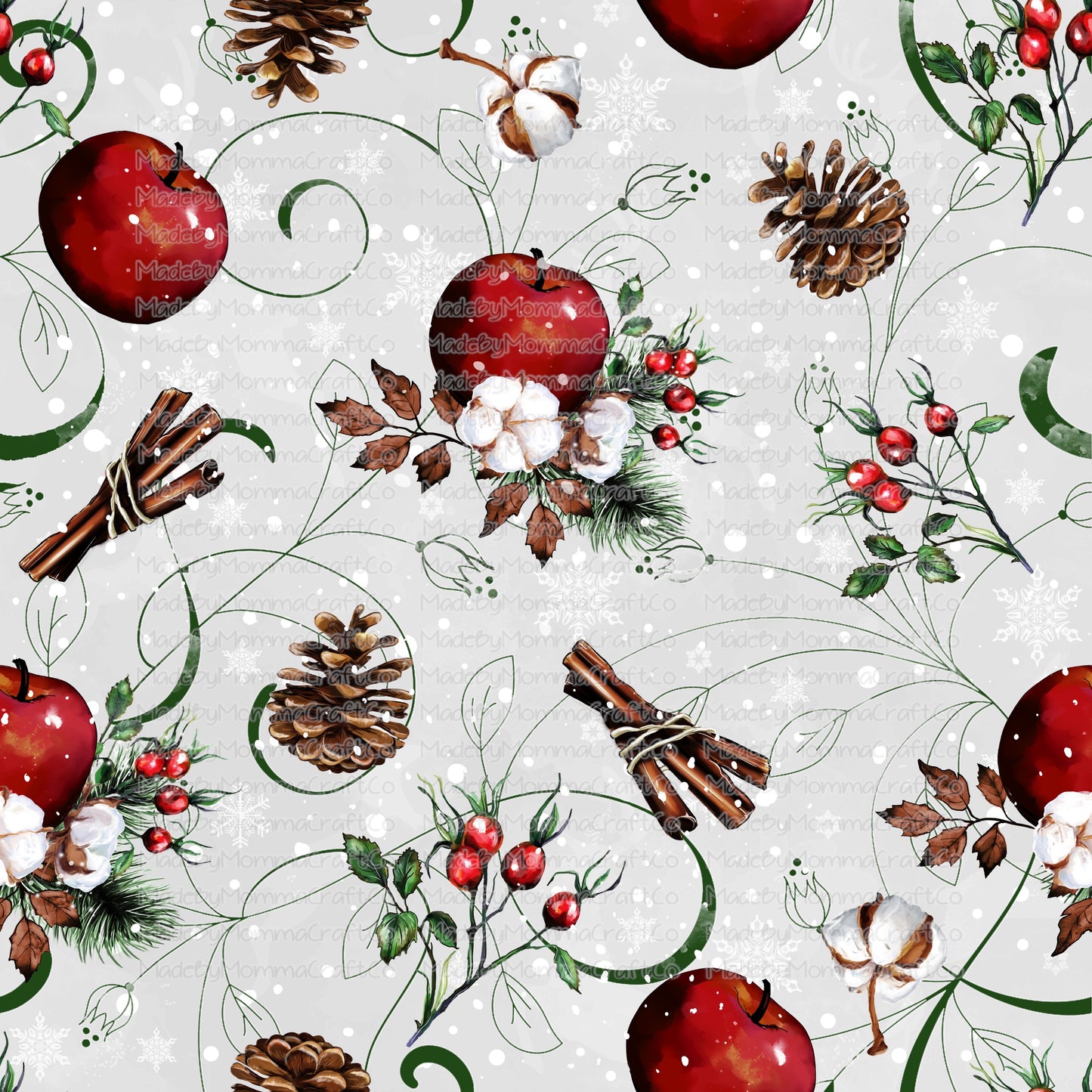 Apples And Cotton Christmas Tumbler Wrap - Vinyl Or Waterslide Seamless Wrap