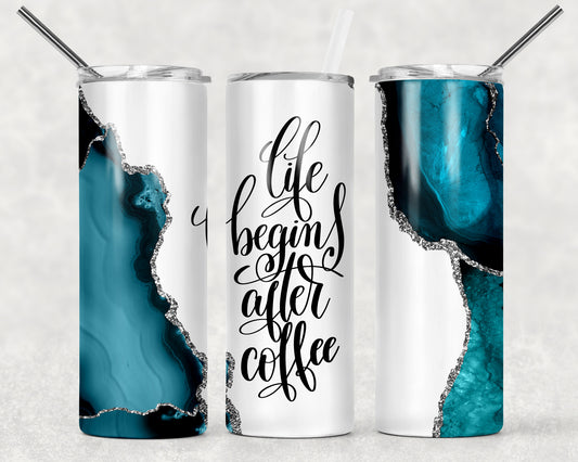 Life Begins After Coffee Turquoise Marble Sublimation Tumbler Wrap - Or Clear Waterslide Wrap