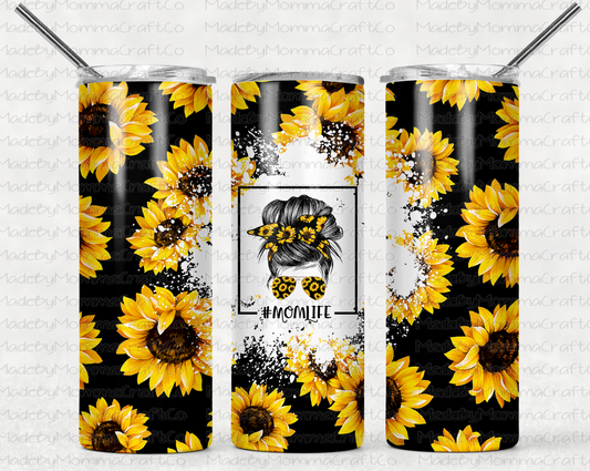 Black Sunflower Mom Life Messy Bun Sublimation Tumbler Wrap - Or Clear Waterslide Wrap